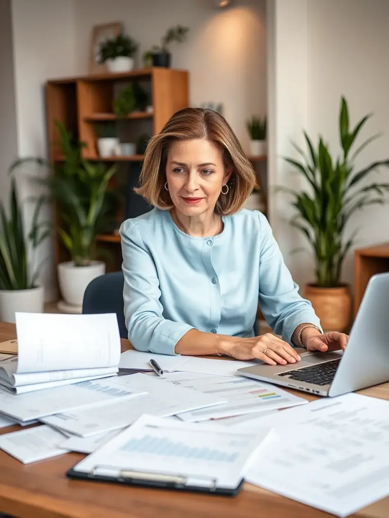 A professional accountant meticulously reviewing financial documents in a modern office setting, symbolizing TuranBuh's commitment to accurate bookkeeping services.