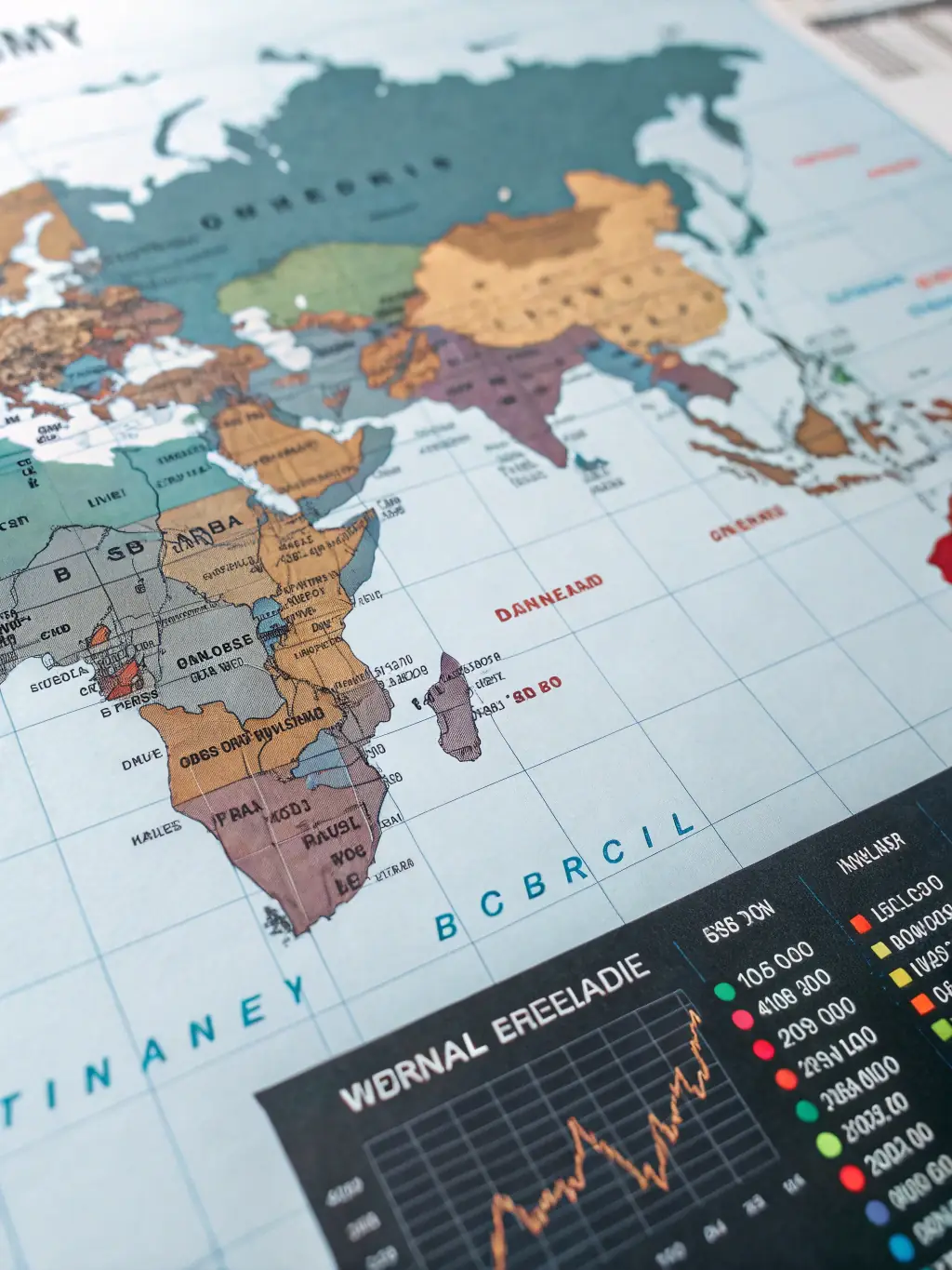 A world map with financial data overlays, representing TuranBuh's expertise in supporting businesses engaged in foreign trade.