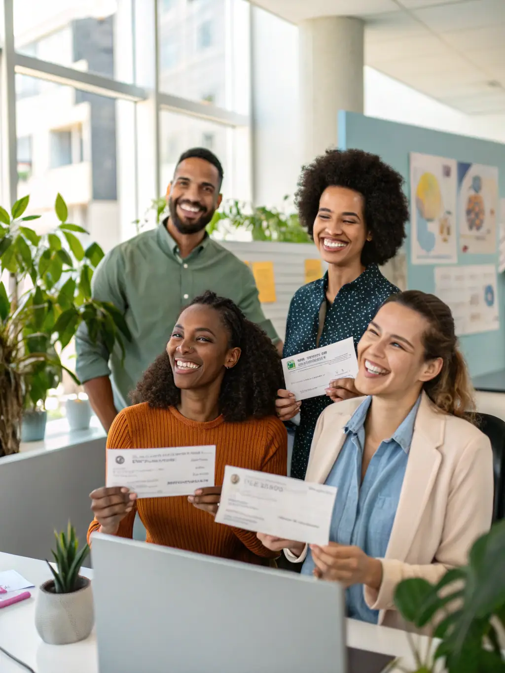 A group of employees receiving their paychecks, illustrating TuranBuh's efficient and reliable payroll processing services.